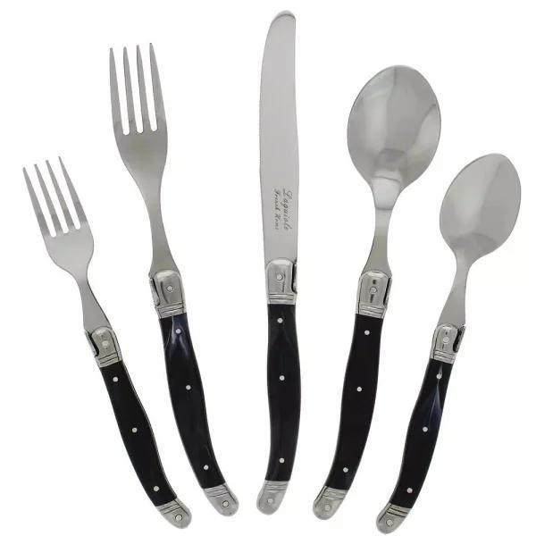 French Home Laguiole 20-Piece Stainless Steel Flatware Set with Black Faux Marble Handles, Service for 4