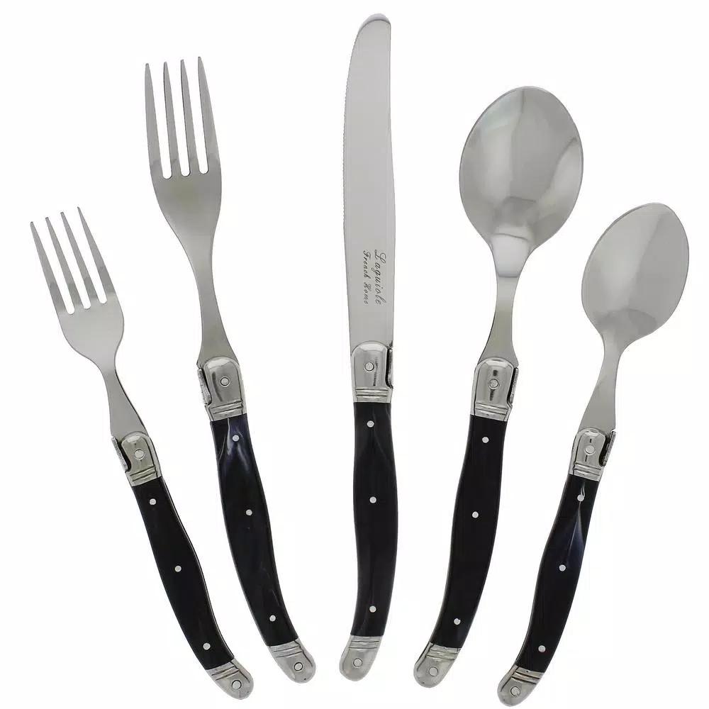 French Home Laguiole 20-Piece Stainless Steel Flatware Set with Black Faux Marble Handles, Service for 4