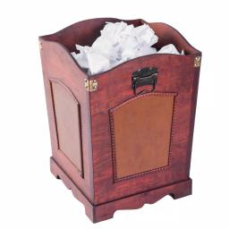 Vintiquewise Rustic Cherry Wood Decorative Trash Bin with Faux Leather Accents and Handles thumbnail 1