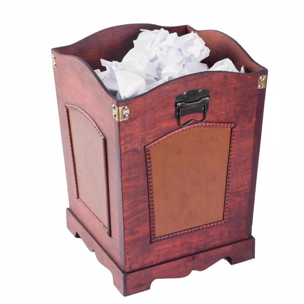 Vintiquewise Rustic Cherry Wood Decorative Trash Bin with Faux Leather Accents and Handles