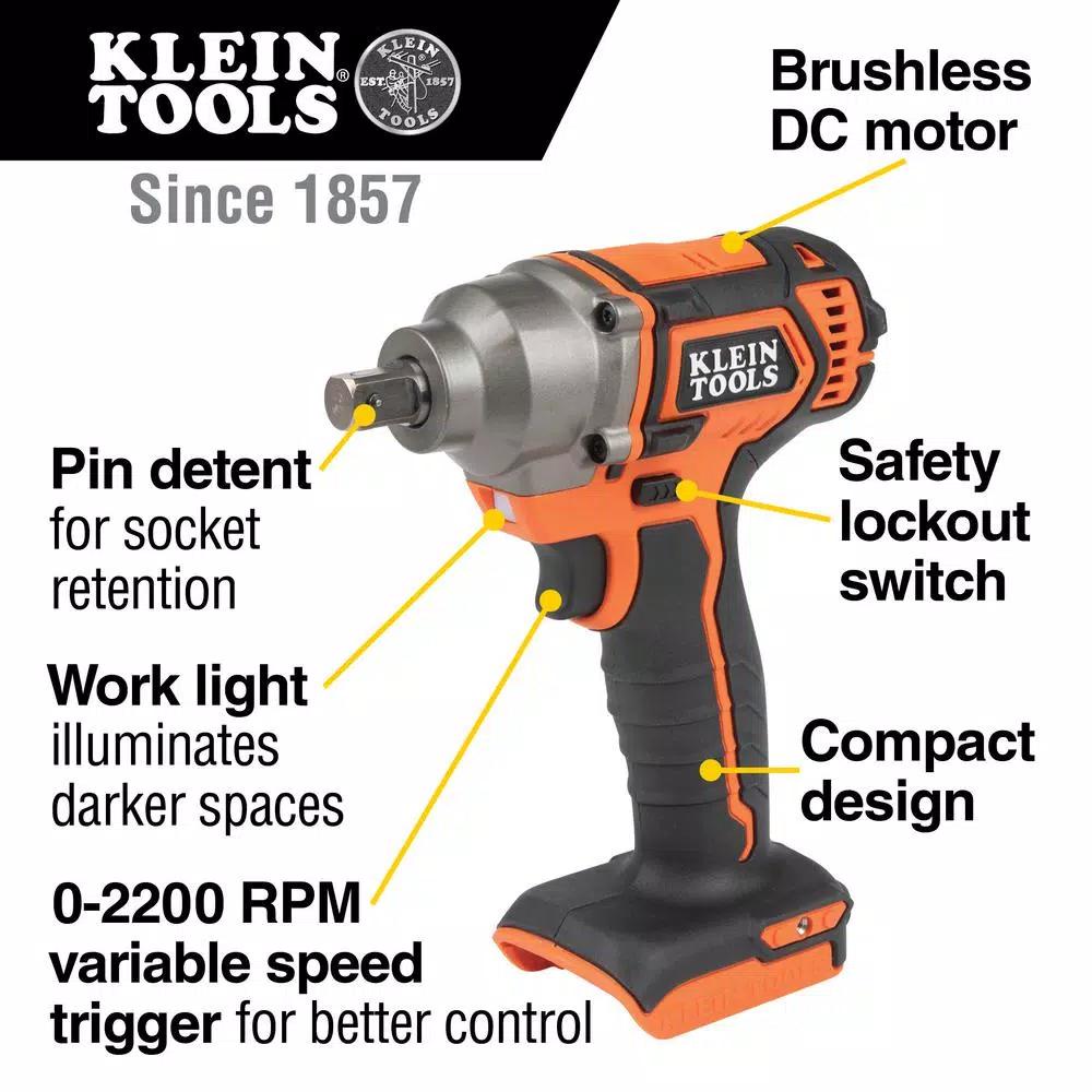 Klein Tools 1/2 in. Compact Impact Wrench, 210 ft-lbs Max Torque, 20V Cordless (Tool Only)