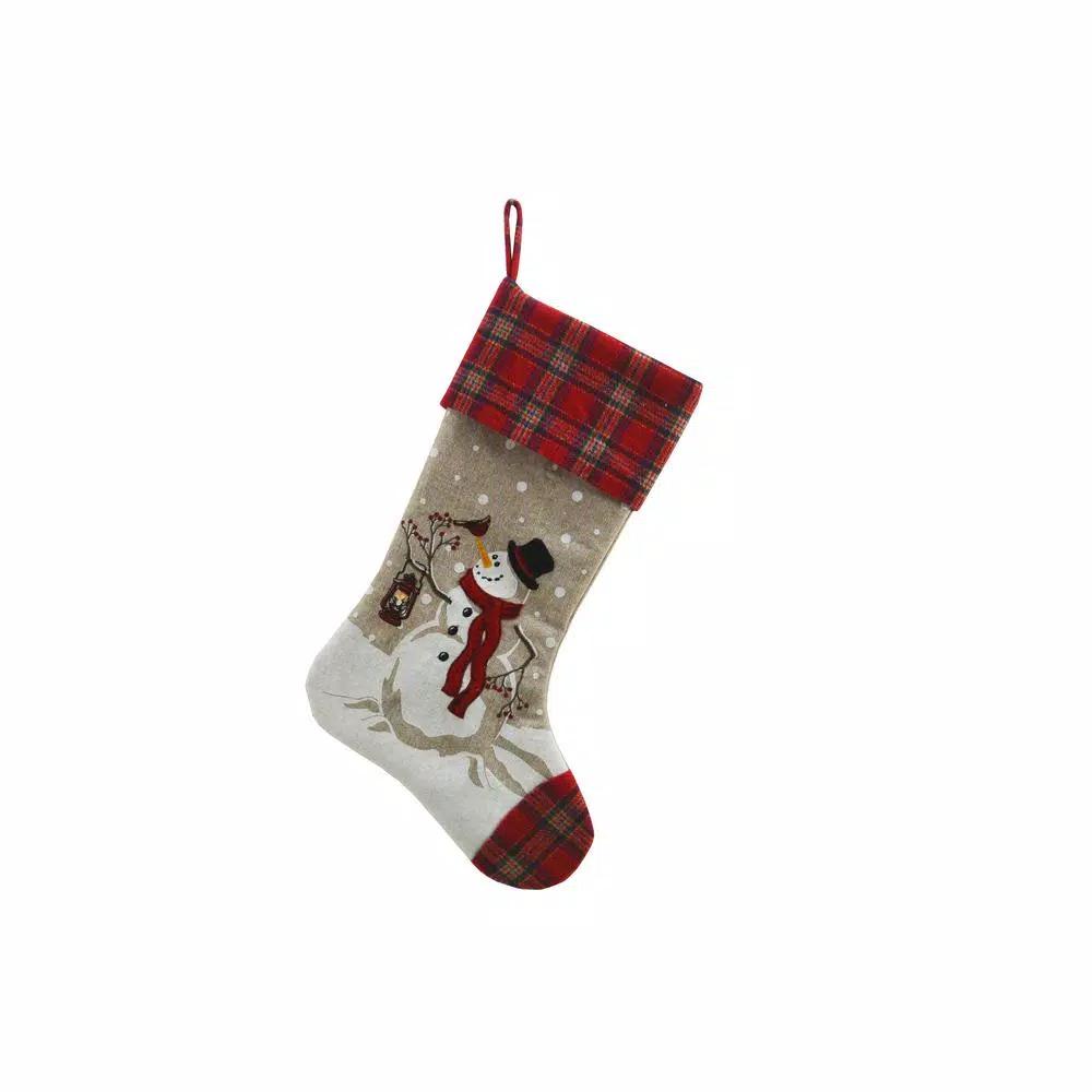 Manor Luxe Snowman Lantern Light Up Christmas Stocking with Plaid Accent, 20 in.