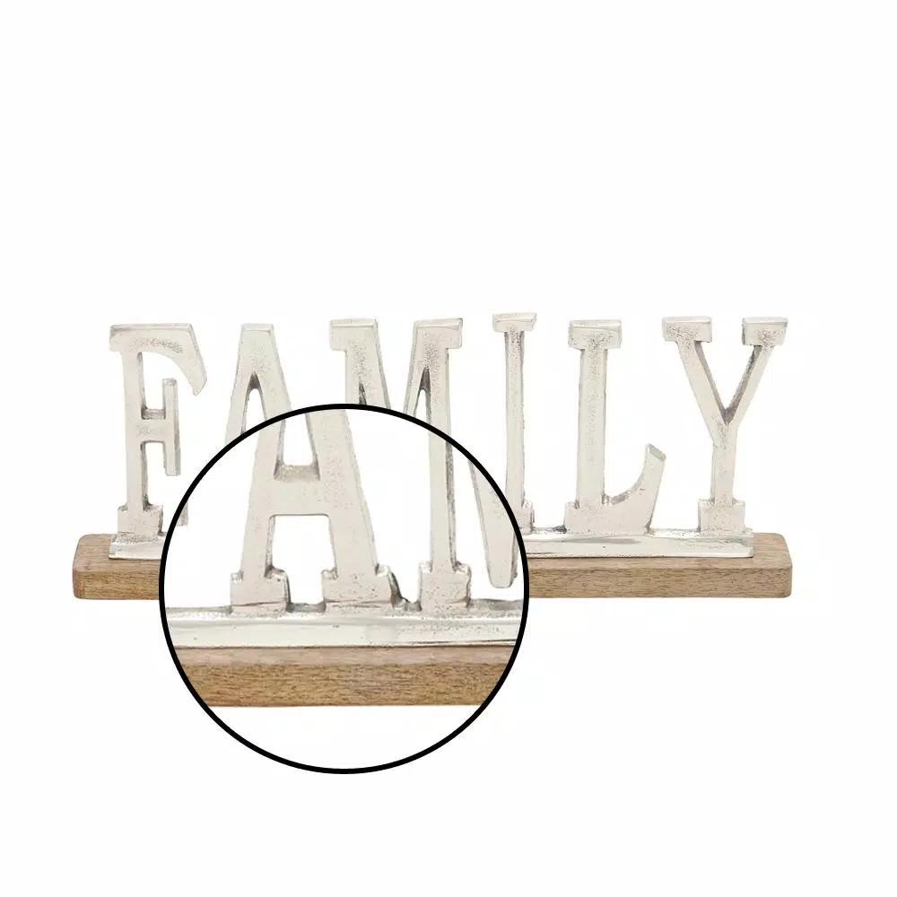LITTON LANE 15 in. Silver Aluminum FAMILY Standing Sign with Oak Brown Mango Wood Base