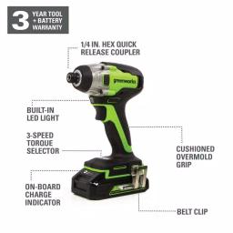 Greenworks 24V Cordless Brushless Impact Driver, 1/4 in. Hex, Tool Only thumbnail 6