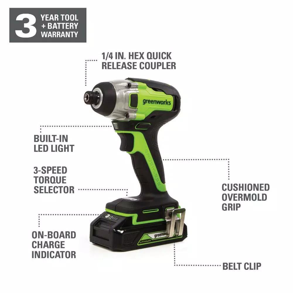 Greenworks 24V Cordless Brushless Impact Driver, 1/4 in. Hex, Tool Only