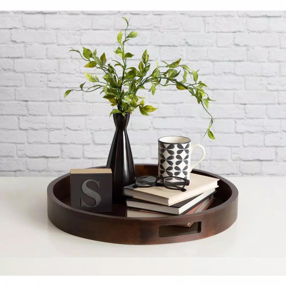 Kate and Laurel Hutton 18.25 in. Round Walnut Brown Wooden Decorative Serving Tray with Built-in Handles