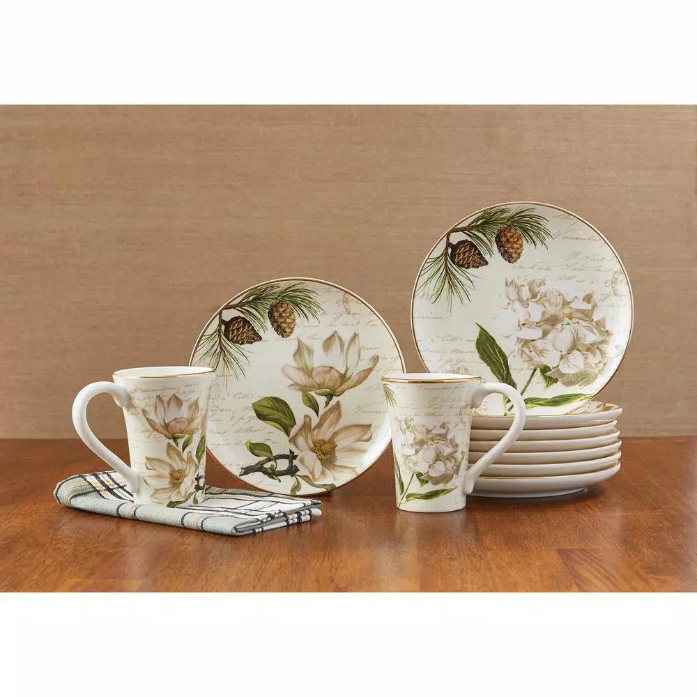 Park Designs Wintertime Multicolor Ceramic Salad Plate Set, Assorted Hydrangea and Magnolia Designs (Set of 4)