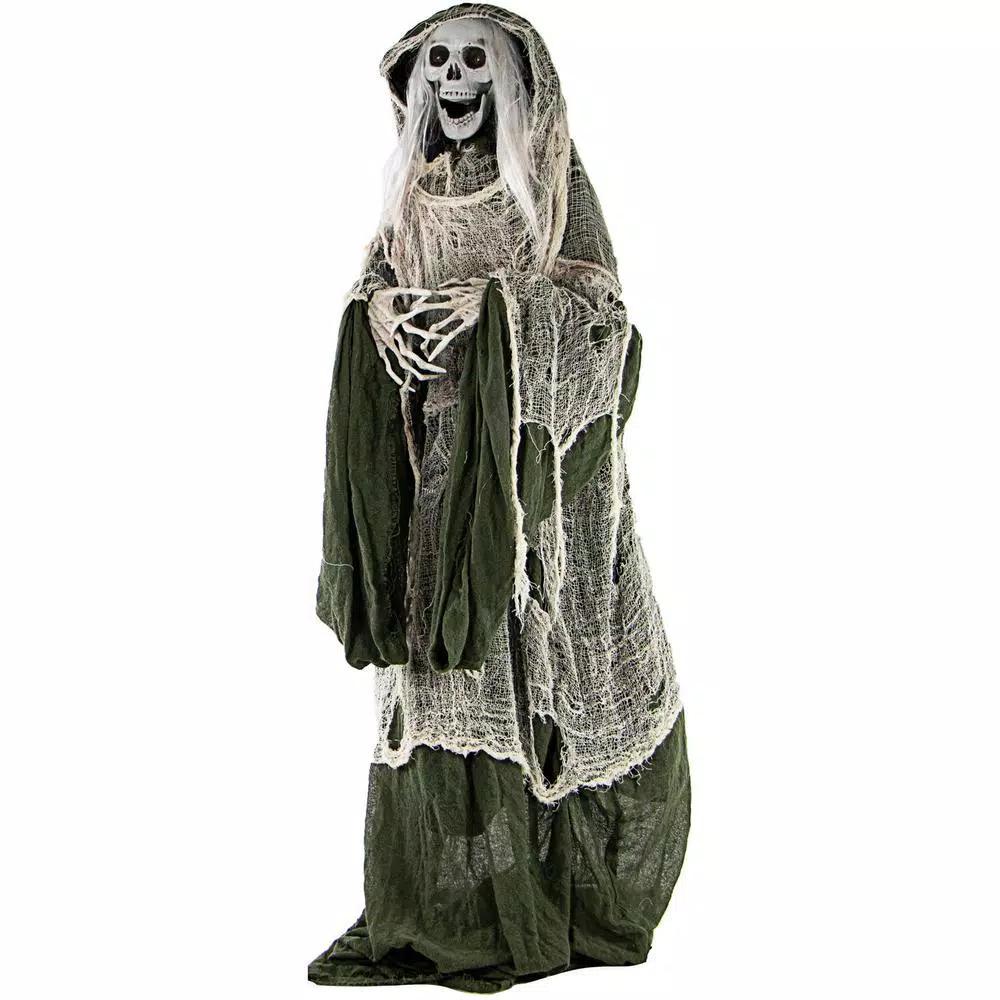 Haunted Hill Farm 5 ft. Animatronic Moaning Skeleton Halloween Prop with Green Cloak