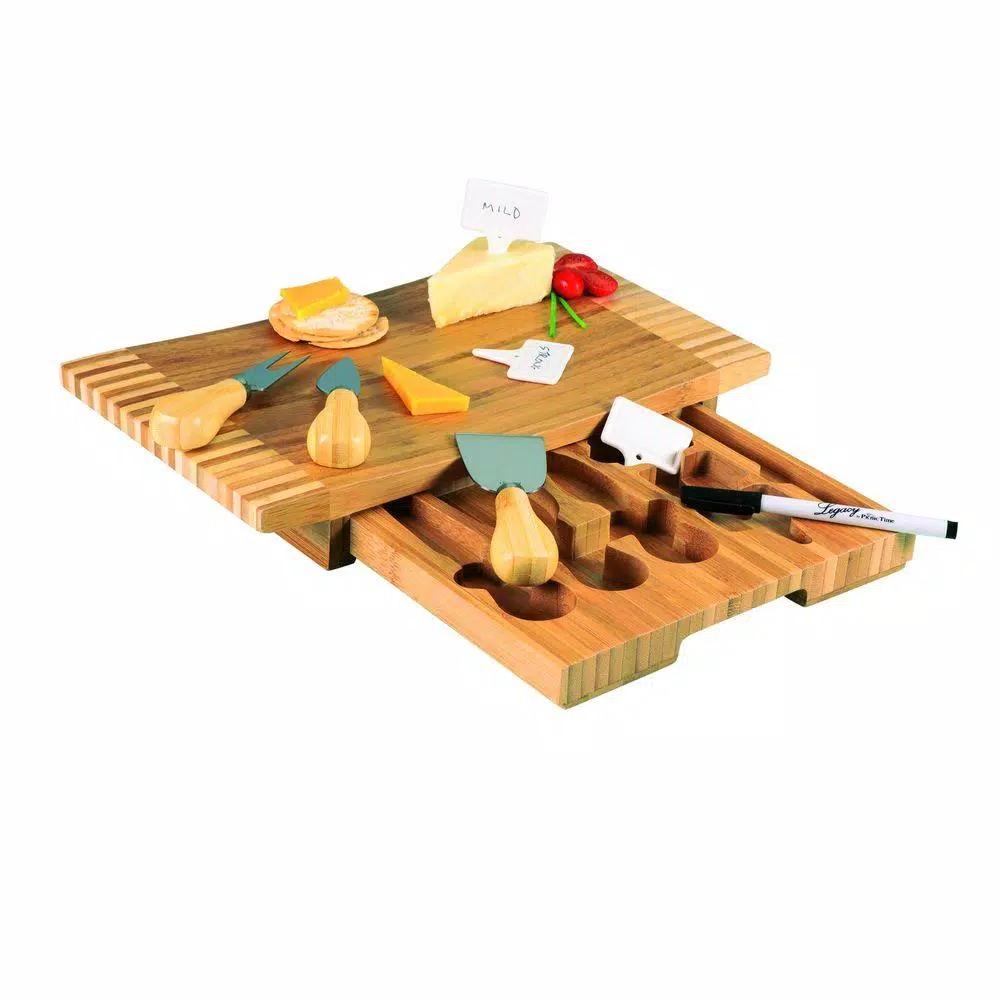 Legacy Concavo Bamboo Cutting Board and Cheese Tools Set with Pull-Out Drawer