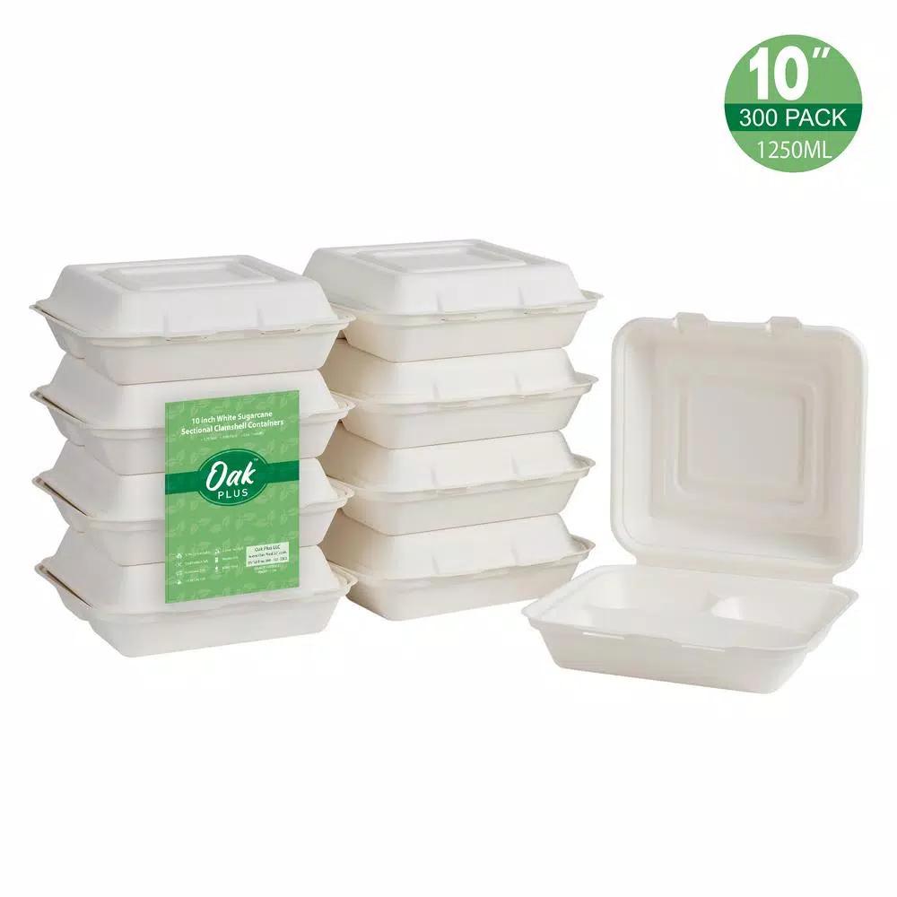 Unbranded 10 in. White Sugarcane 3-Compartment Clamshell Containers, Biodegradable Sectional Food Trays (300 Pack)