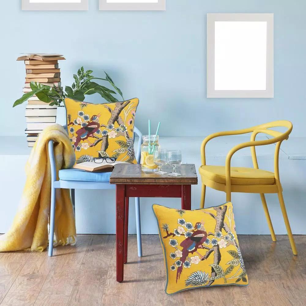 LR Home Scenic Yellow Floral Birds Throw Pillow - 20 x 20 in. Cotton Square Accent Pillow