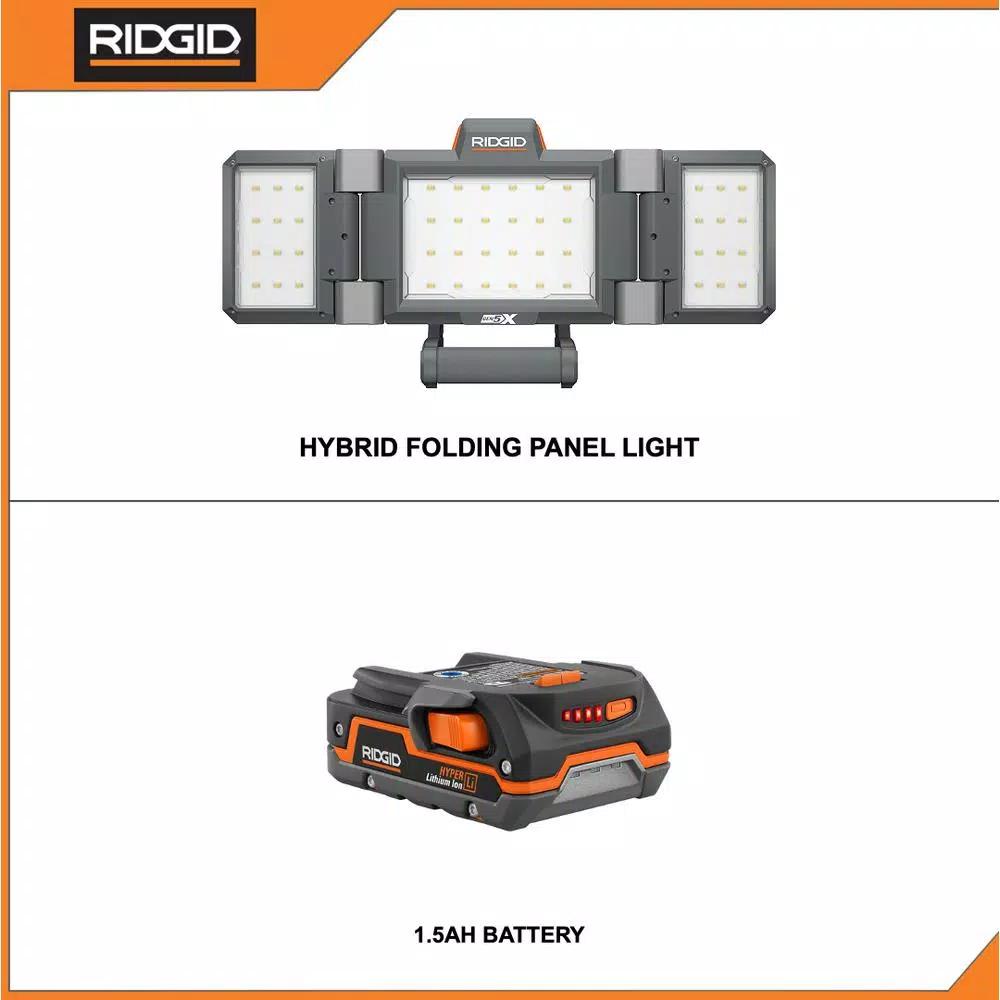 RIDGID 18V Cordless Hybrid Folding Panel Light with 1.5 Ah Lithium-Ion Battery, 2500 Lumens