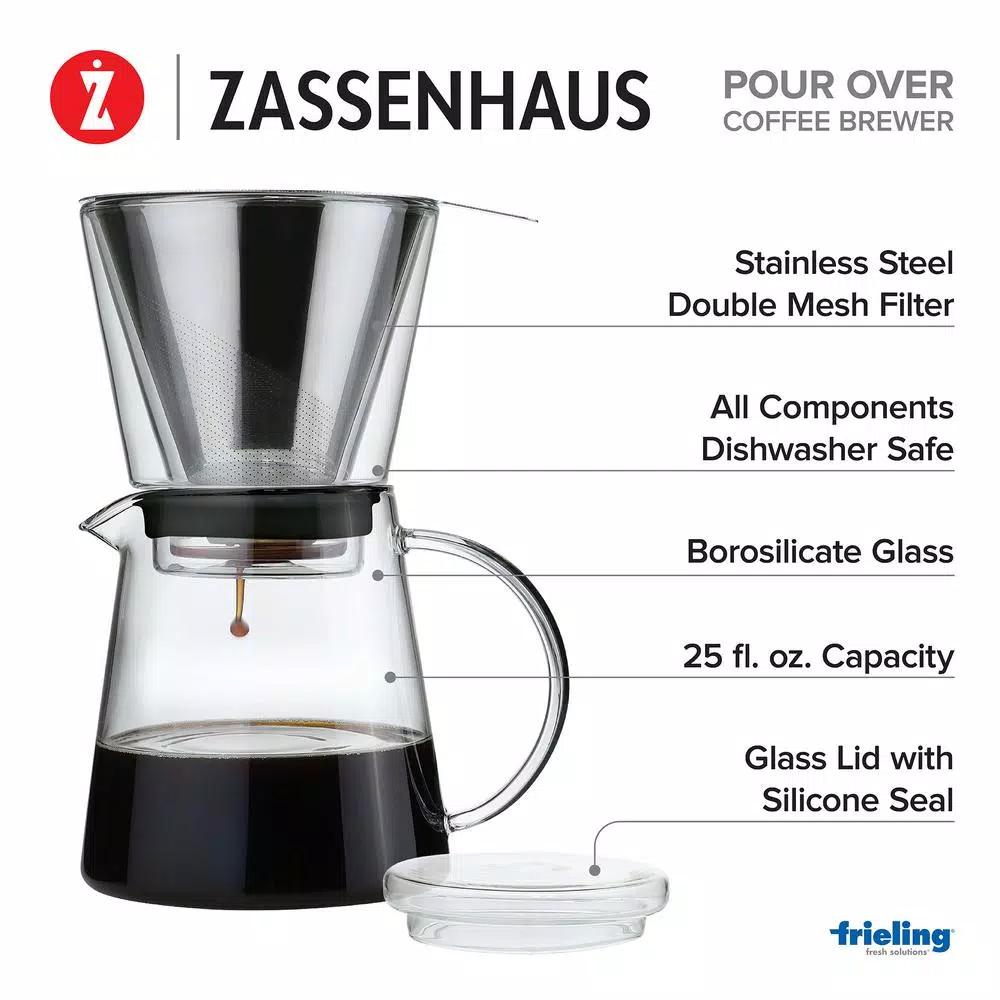 ZASSENHAUS 6-Cup Clear Pour Over Coffee Maker - Borosilicate Glass & Stainless Steel Brewer