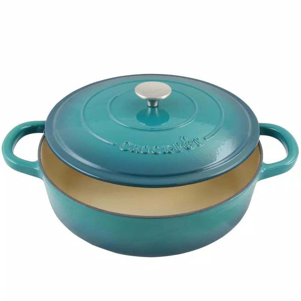 Crock-Pot Artisan 5 Qt. Enameled Cast Iron Braiser Pan with Self-Basting Lid, Teal