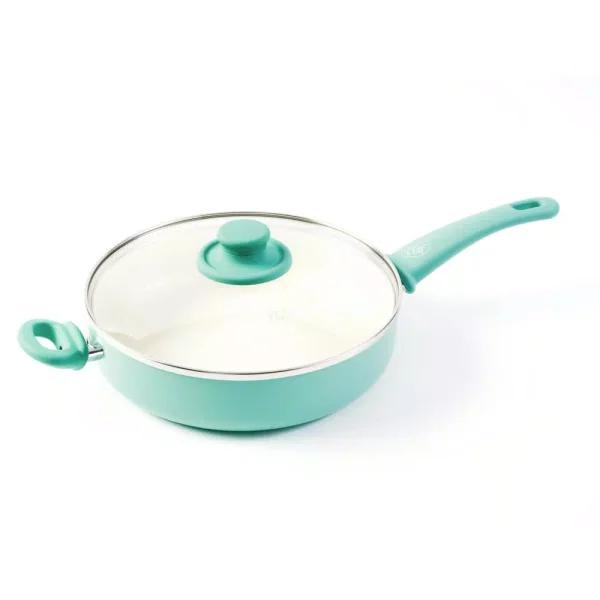 GreenLife Soft Grip 5 Qt. Aluminum Ceramic Nonstick Saute Pan with Glass Lid, Turquoise