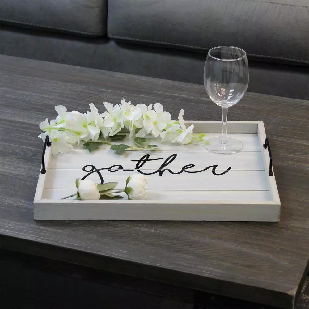 Elegant Designs Gather Gray Wash Decorative Wood Serving Tray with Black Metal Handles