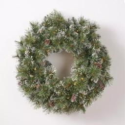 Noble House 24 in. Pre-Lit LED Artificial Christmas Wreath with Flocked Snow, Glitter, and Pinecones thumbnail 1