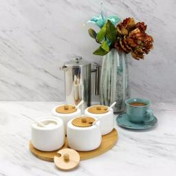 Elama Ceramic Condiment Jar Set with Bamboo Lids, Serving Spoons & Tray - 13 Piece White Set thumbnail 3
