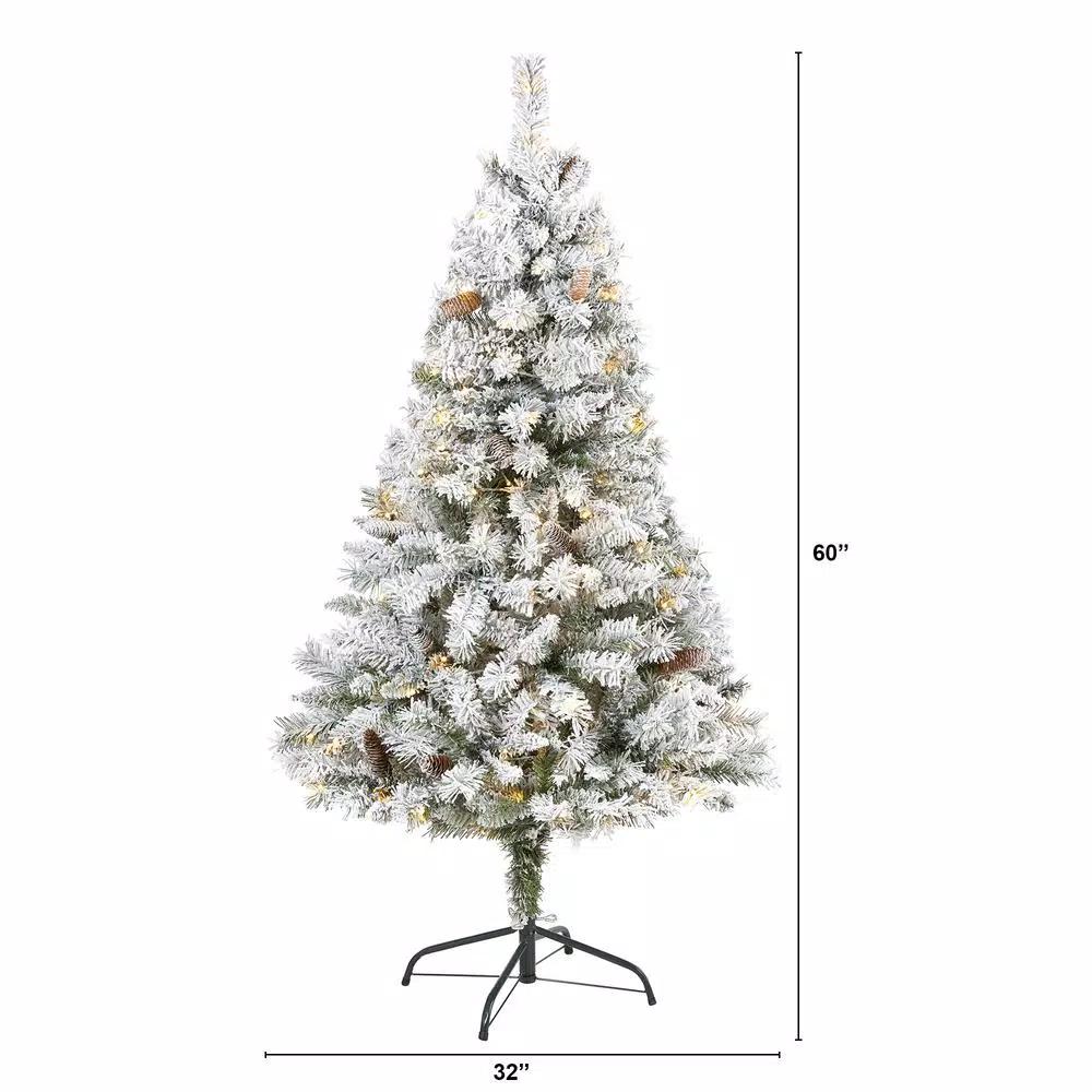 Nearly Natural 5 ft. Flocked River Mountain Pine Artificial Christmas Tree with 150 LED Lights and Pine Cones