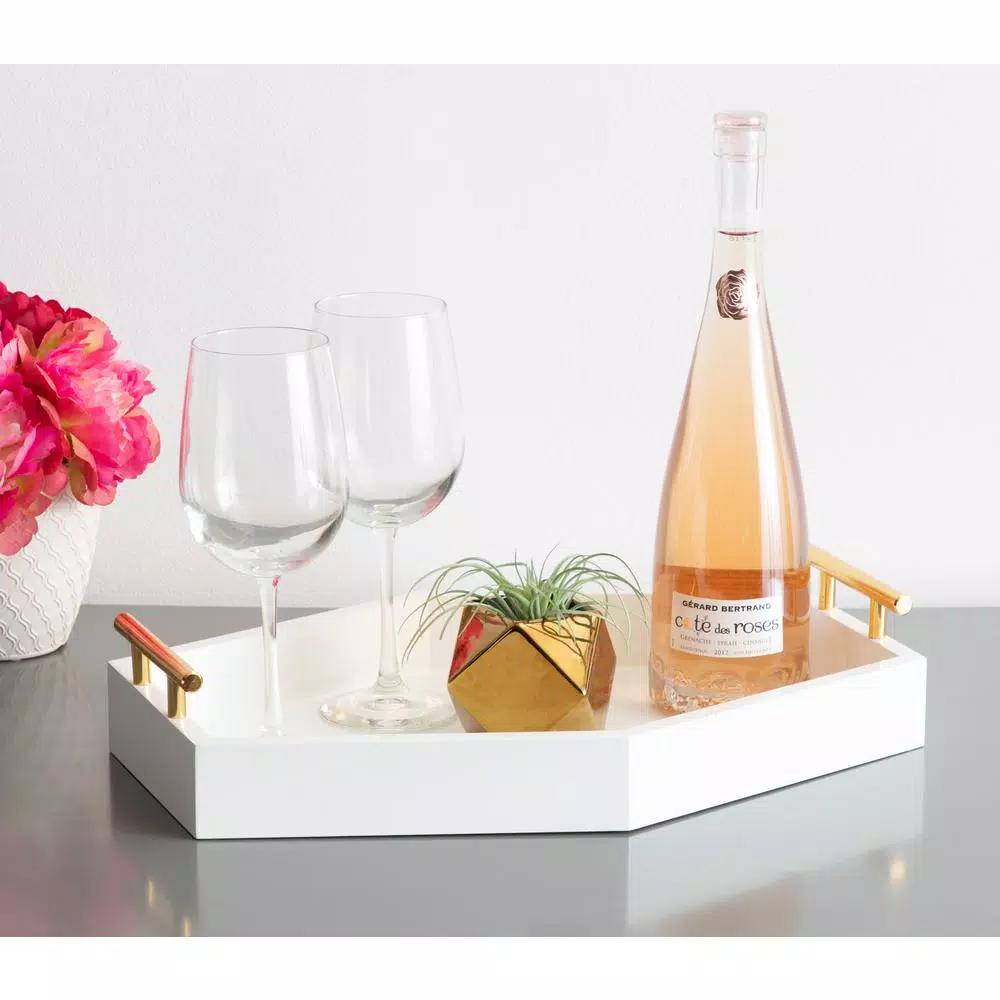 Kate and Laurel Lipton White Glossy Decorative Hexagon Tray with Gold Metal Handles
