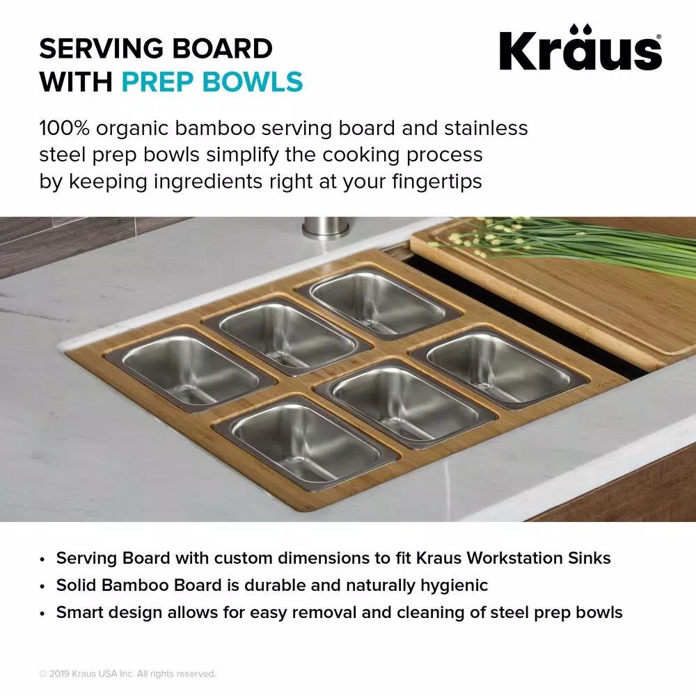 Kraus Workstation Kitchen Sink Accessory Set with Bamboo Serving Board and 6 Stainless Steel Prep Bowls