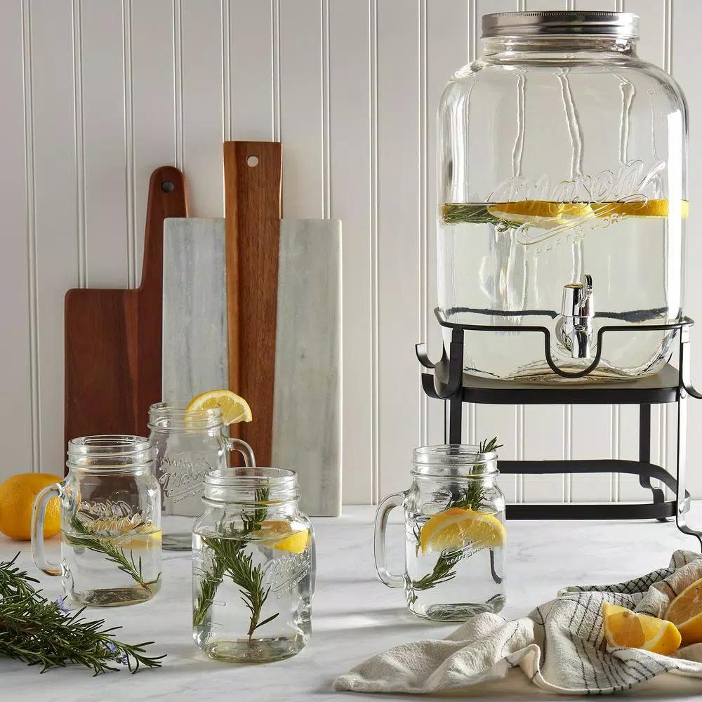Unbranded Mason Craft and More 6-Piece Glass Beverage Dispenser Set with Metal Rack and 16 oz. Mugs