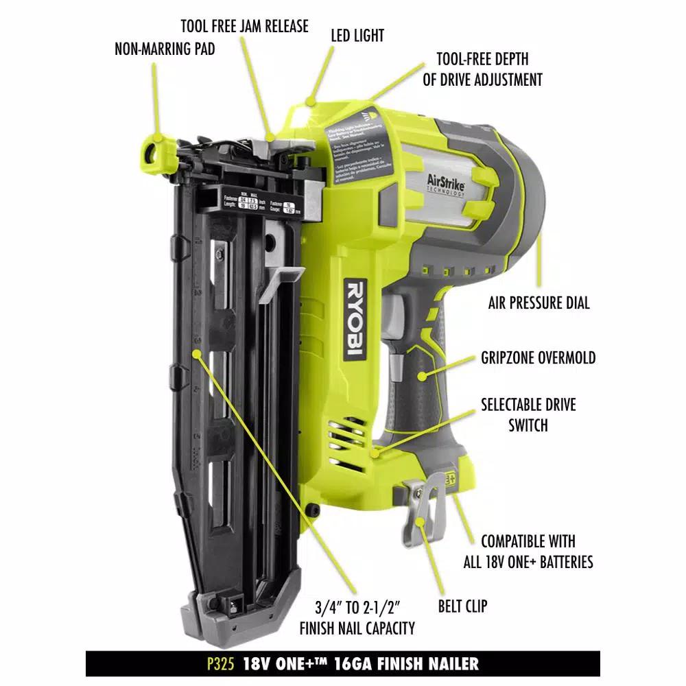 RYOBI 18V ONE+ AirStrike 16-Gauge 2-1/2 in. Straight Finish Nailer Kit with 1.3 Ah Battery and Charger
