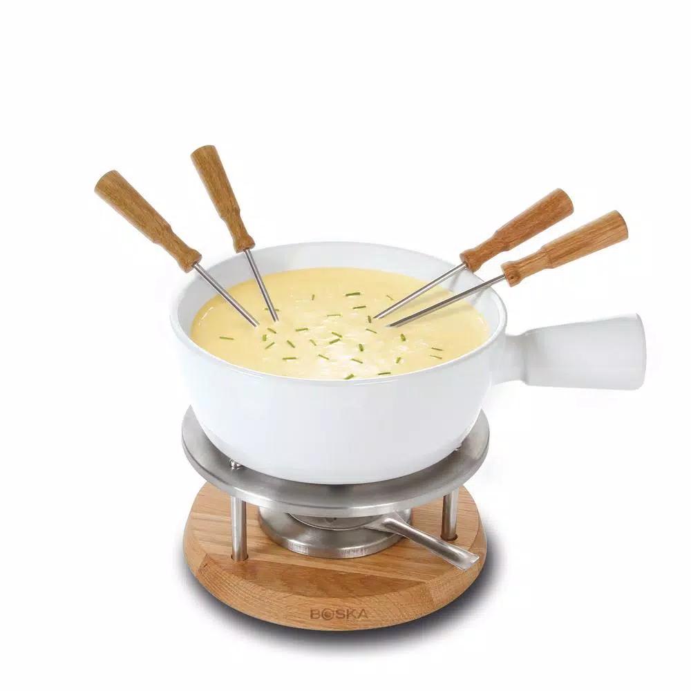 Boska Exclusive Collection 6-Piece Ceramic Fondue Set with Oak Base - White