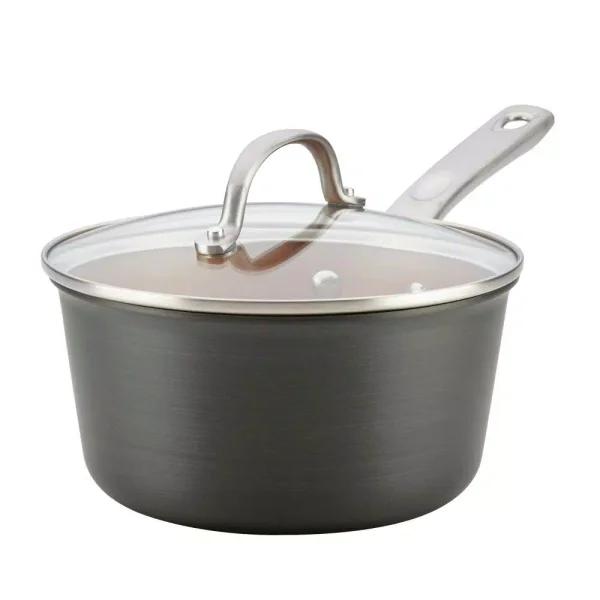 Ayesha Curry Home Collection 3 Qt. Hard-Anodized Aluminum Nonstick Saucepan with Glass Lid, Charcoal Gray