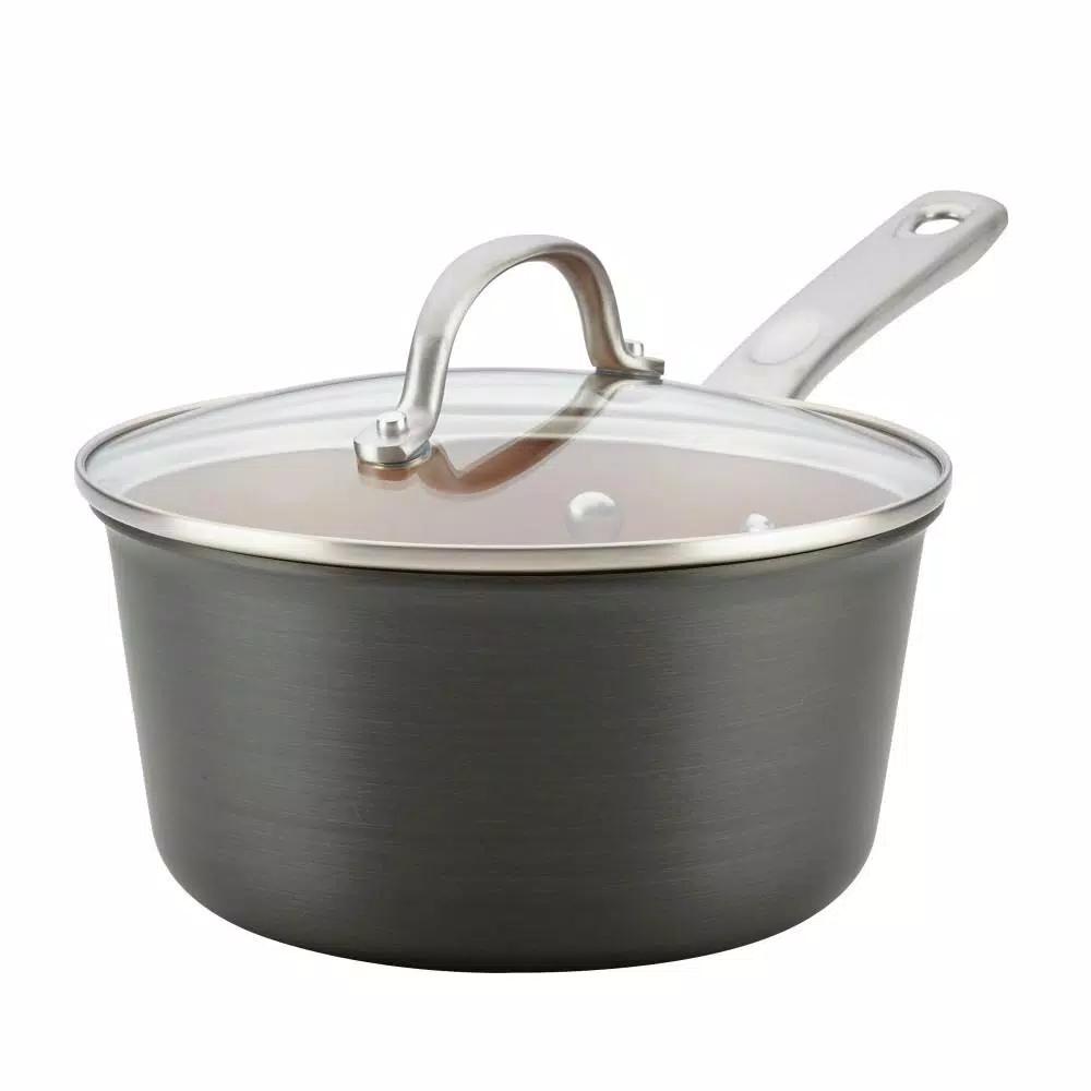 Ayesha Curry Home Collection 3 Qt. Hard-Anodized Aluminum Nonstick Saucepan with Glass Lid, Charcoal Gray