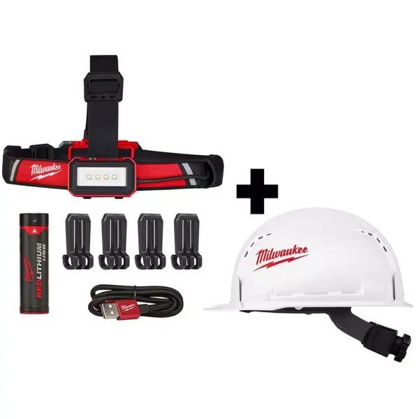 Milwaukee 600 Lumen USB Rechargeable Low-Profile Headlamp with BOLT Type 1 Class C Vented Hard Hat Bundle