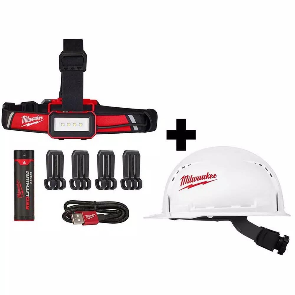 Milwaukee 600 Lumen USB Rechargeable Low-Profile Headlamp with BOLT Type 1 Class C Vented Hard Hat Bundle