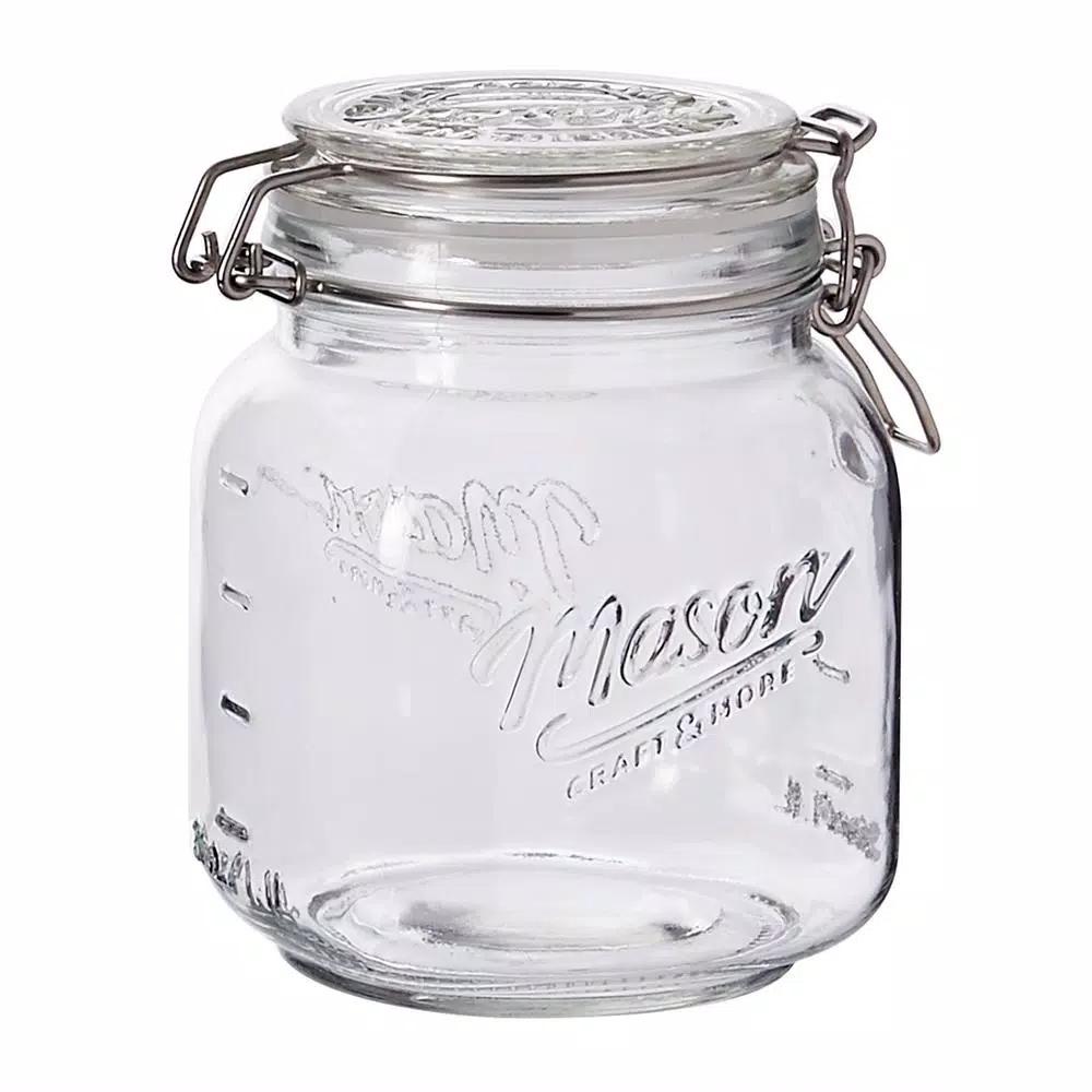 Unbranded 34 oz. Mason Embossed Glass Preservative Jars with Wire Clasp Lid (Set of 2)