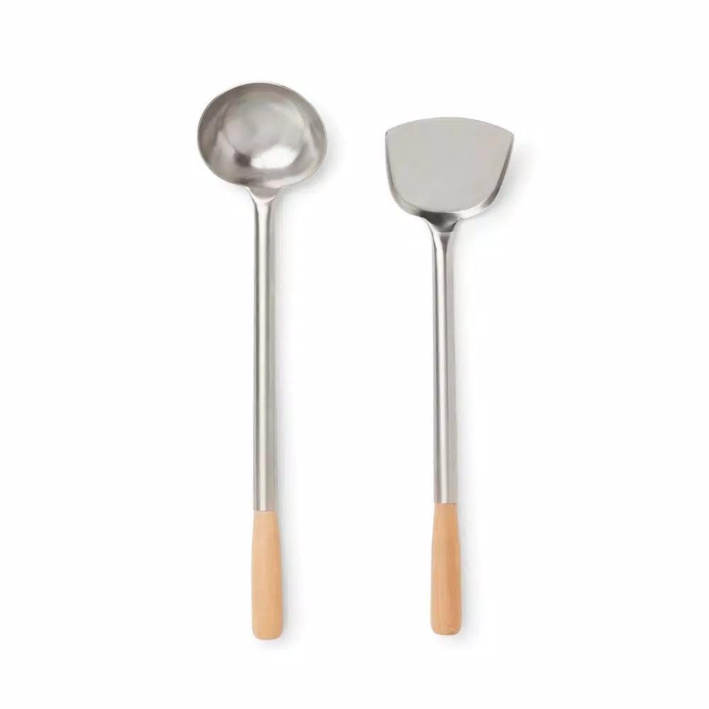 Fox Run Lotus Series 17 in. Chuan Spatula and Hoak Soup Ladle Set, Stainless Steel with Wood Handles