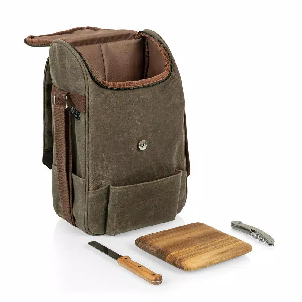 Picnic Time Khaki Green Waxed Canvas 2-Bottle Wine Cooler Bag and Acacia Wood Cheese Board Set