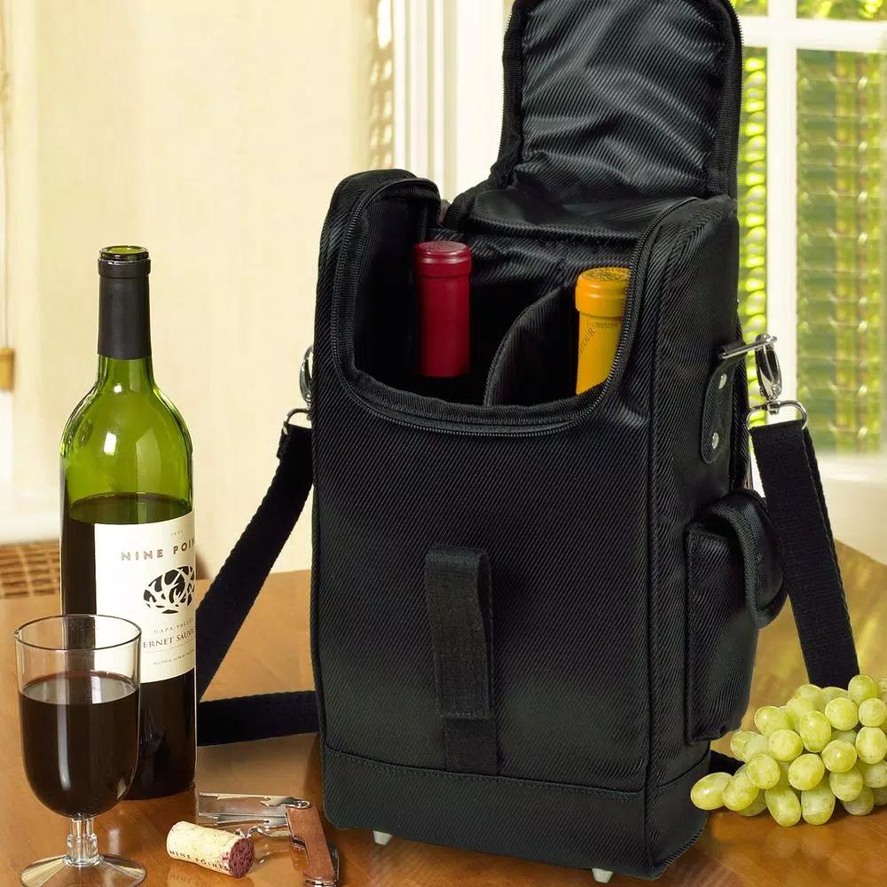 Unbranded NY Black Insulated 2-Bottle Wine Tote Bag with Corkscrew