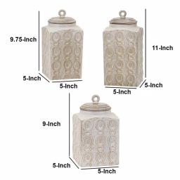 Benjara Dreanna 3-Piece White Ceramic and Mango Wood Canister Set with Distressed Cream Finish thumbnail 5