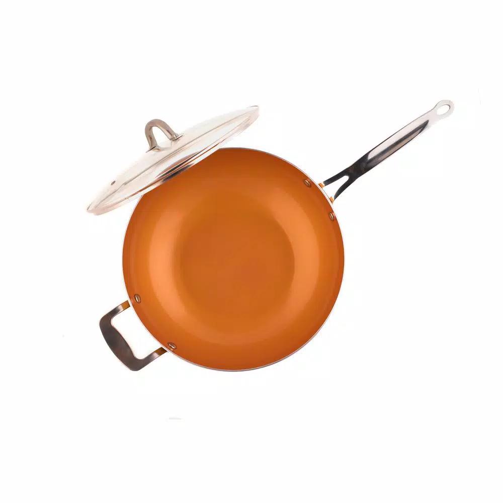 MasterPan Original Copper Pan 12 in. Non-Stick Ceramic Wok with Tempered Glass Lid