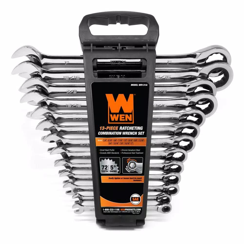 WEN 13-Piece Professional SAE Ratcheting Combination Wrench Set with Storage Rack