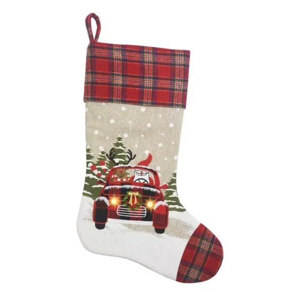 Manor Luxe Light Up Christmas Stocking with Snowy Car, Santa, and Deer Applique