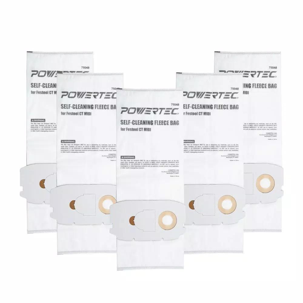 POWERTEC Self-Cleaning Replacement Filter Bags for Festool CT Midi (498411) - 5-Pack