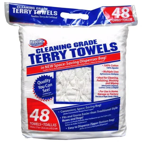 ProLine Cleaning-Grade Terry Towels, 48-Pack, White Cotton Blend