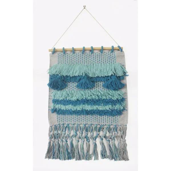 LR Home Coast Gray & Teal Fringed Tufted Cotton Wall Tapestry - Bohemian Coastal Wall Hanging