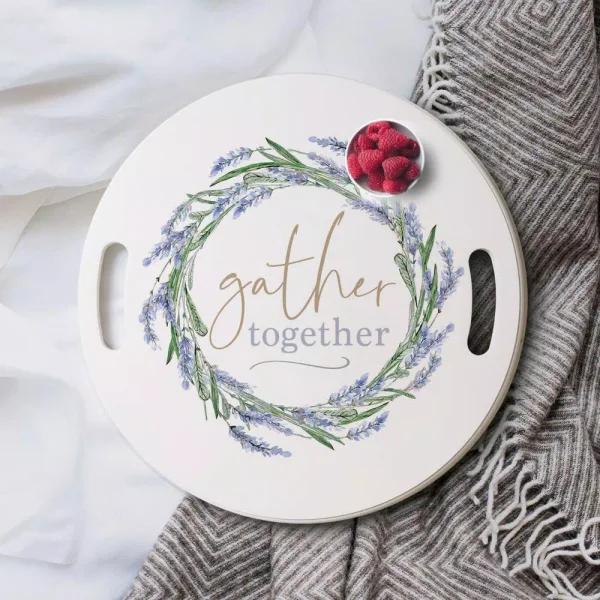 P Graham Dunn Gather Together White Decorative Round Wood Tray with Handles