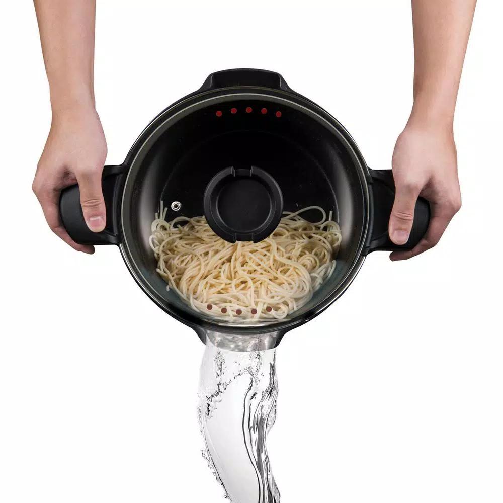 MasterPan 5 Qt. Cast Aluminum Non-Stick Stock and Pasta Pot with Glass Lid and Easy Pour Spout, Black