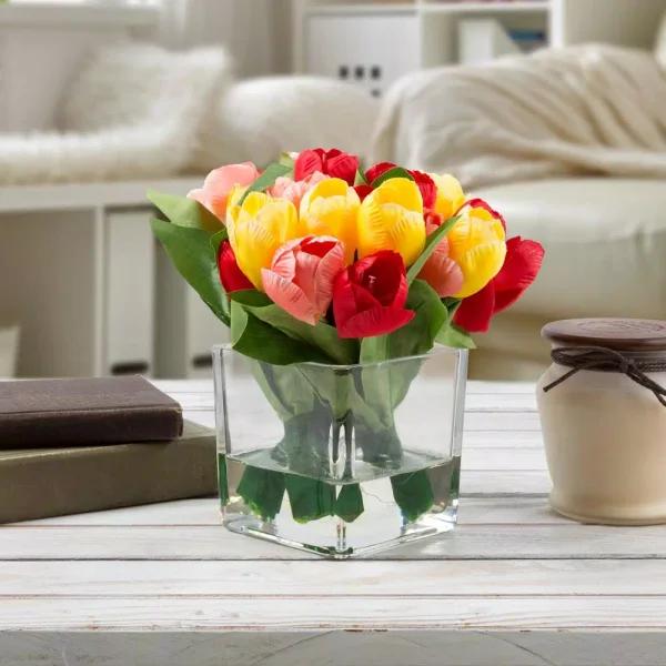 Pure Garden 8 in. Multicolor Tulip Artificial Floral Arrangement in Glass Vase