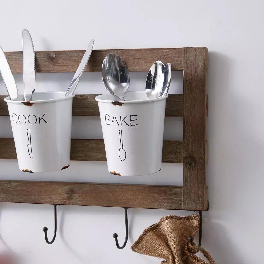 DANYA B DANAYA B. FHB2605 Rustic Hanging Utensil Caddy with 3 Tin Buckets and 5 Hooks