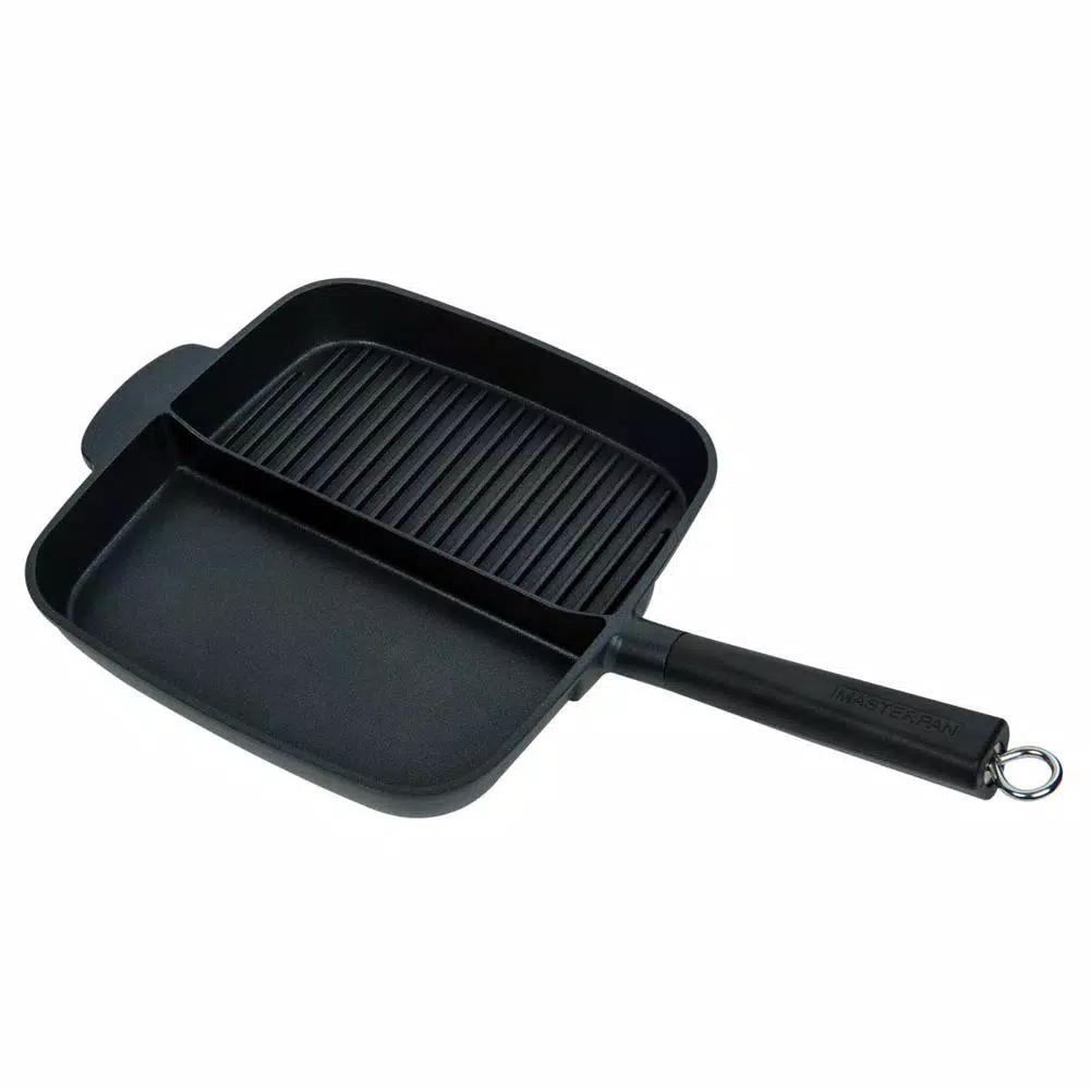 MasterPan 11 in. Cast Aluminum Nonstick Sectional Grill Pan with Split Section, Black