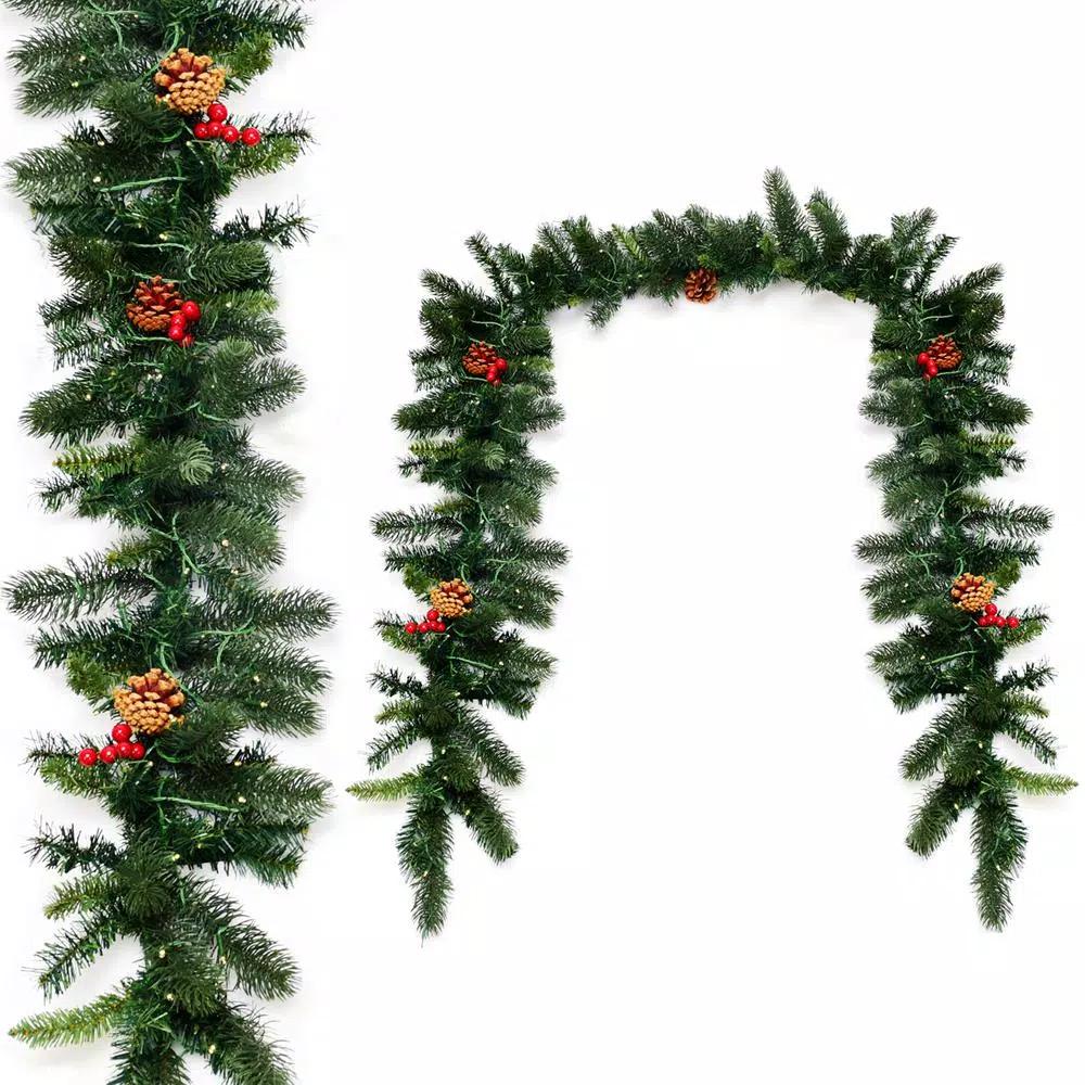 Costway 9 ft. Pre-Lit LED Artificial Fall & Christmas Garland with 100 Warm White Lights and Timer