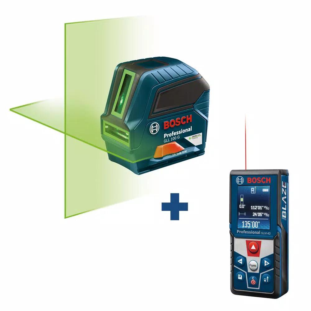 Bosch Green Beam Self-Leveling Cross Line Laser (100 ft.) and BLAZE Laser Measure (135 ft.) Combo Kit